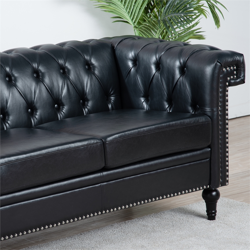 CRO Decor 83.5'' Traditional Square Arm Removable Cushion 3 Seater Sofa (Black)