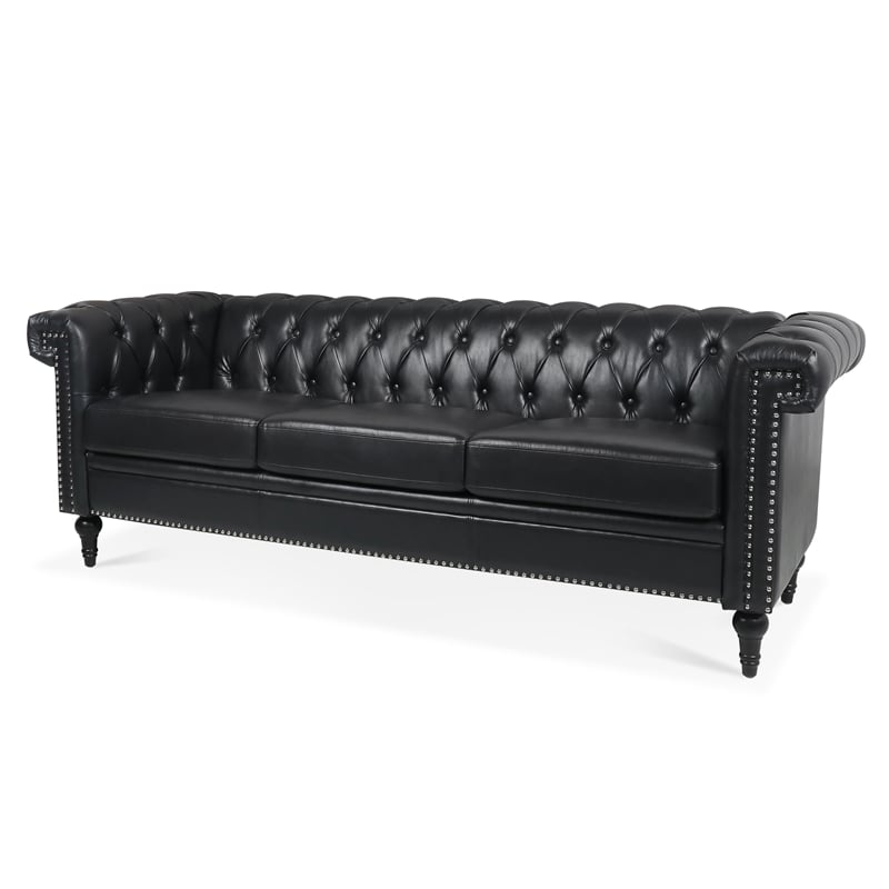 CRO Decor 83.5'' Traditional Square Arm Removable Cushion 3 Seater Sofa (Black)