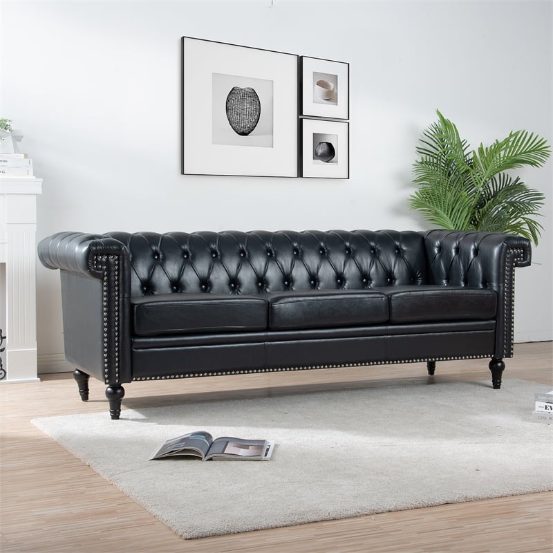 CRO Decor 83.5'' Traditional Square Arm Removable Cushion 3 Seater Sofa (Black)