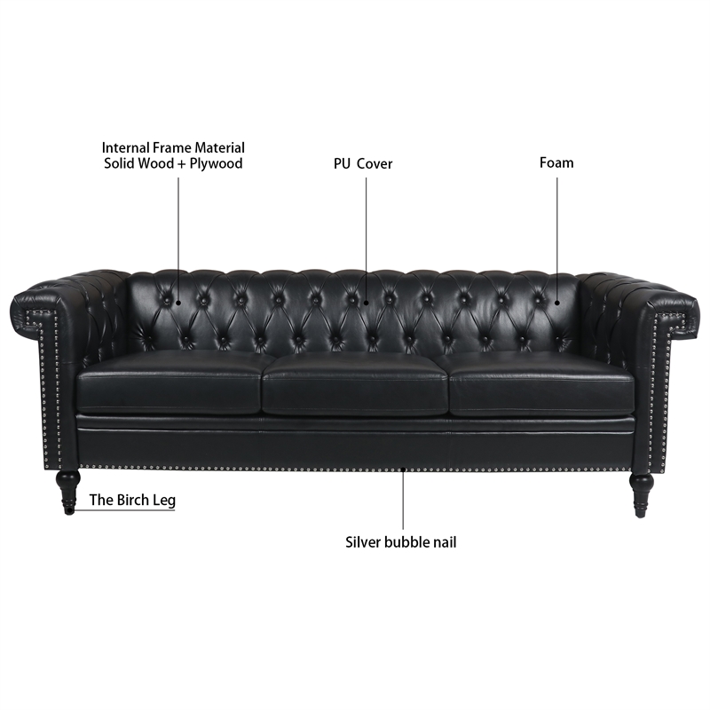 CRO Decor 83.5'' Traditional Square Arm Removable Cushion 3 Seater Sofa (Black)