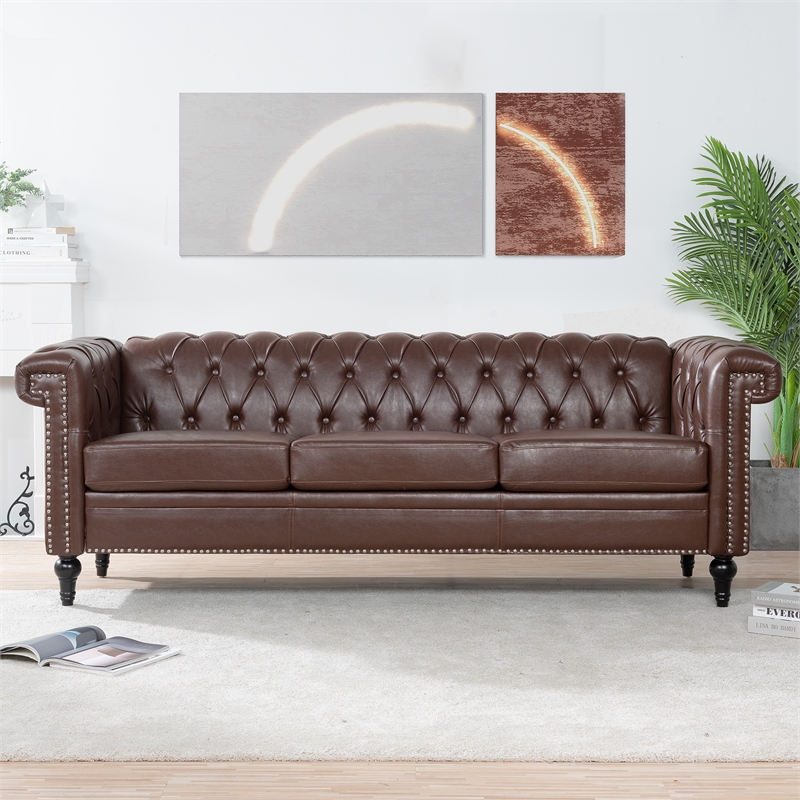 CRO Decor 83.5'' Traditional Square Arm Removable Cushion 3 Seater Sofa (Brown)