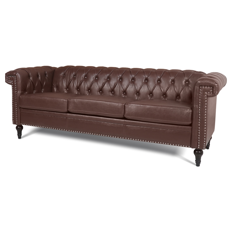 CRO Decor 83.5'' Traditional Square Arm Removable Cushion 3 Seater Sofa (Brown)