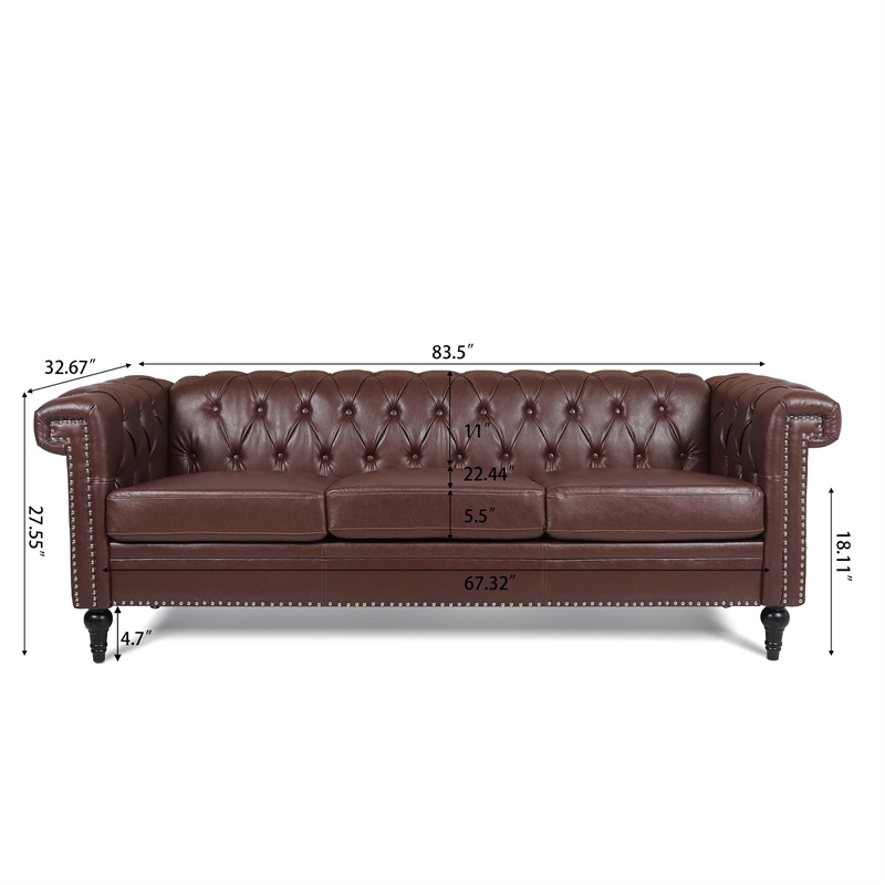 CRO Decor 83.5'' Traditional Square Arm Removable Cushion 3 Seater Sofa (Brown)