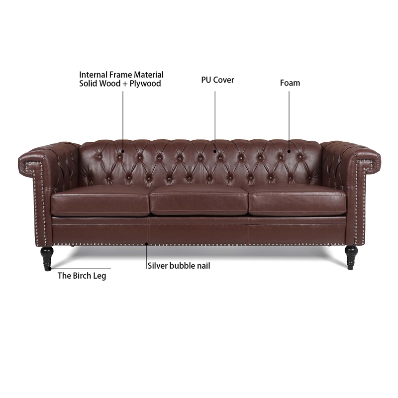 CRO Decor 83.5'' Traditional Square Arm Removable Cushion 3 Seater Sofa (Brown)