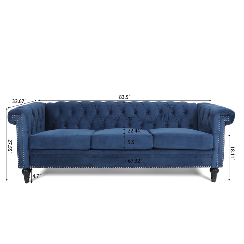 CRO Decor 83.5'' Traditional Square Arm Removable Cushion 3 Seater Sofa (Blue)