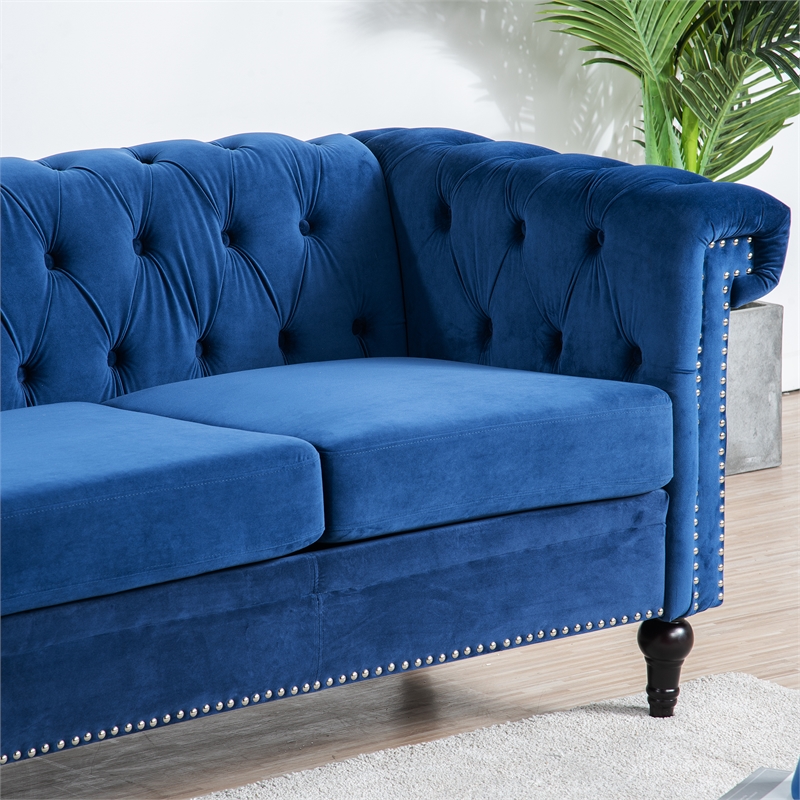 CRO Decor 83.5'' Traditional Square Arm Removable Cushion 3 Seater Sofa (Blue)