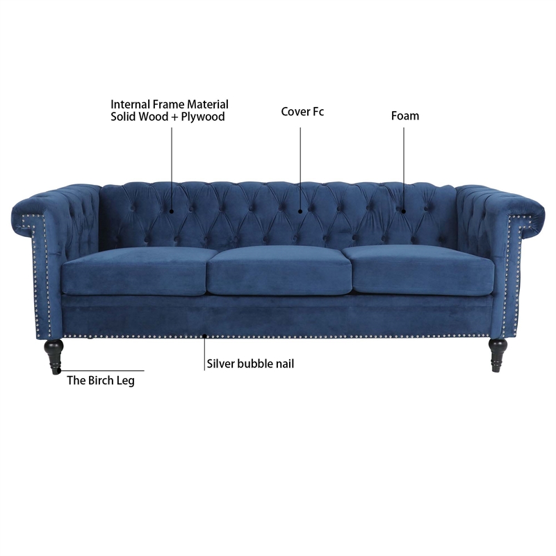 CRO Decor 83.5'' Traditional Square Arm Removable Cushion 3 Seater Sofa (Blue)