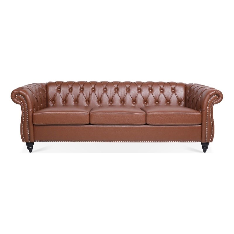 CRO Decor 84' BROWN PU Rolled Arm Chesterfield Three Seater Sofa-Brown