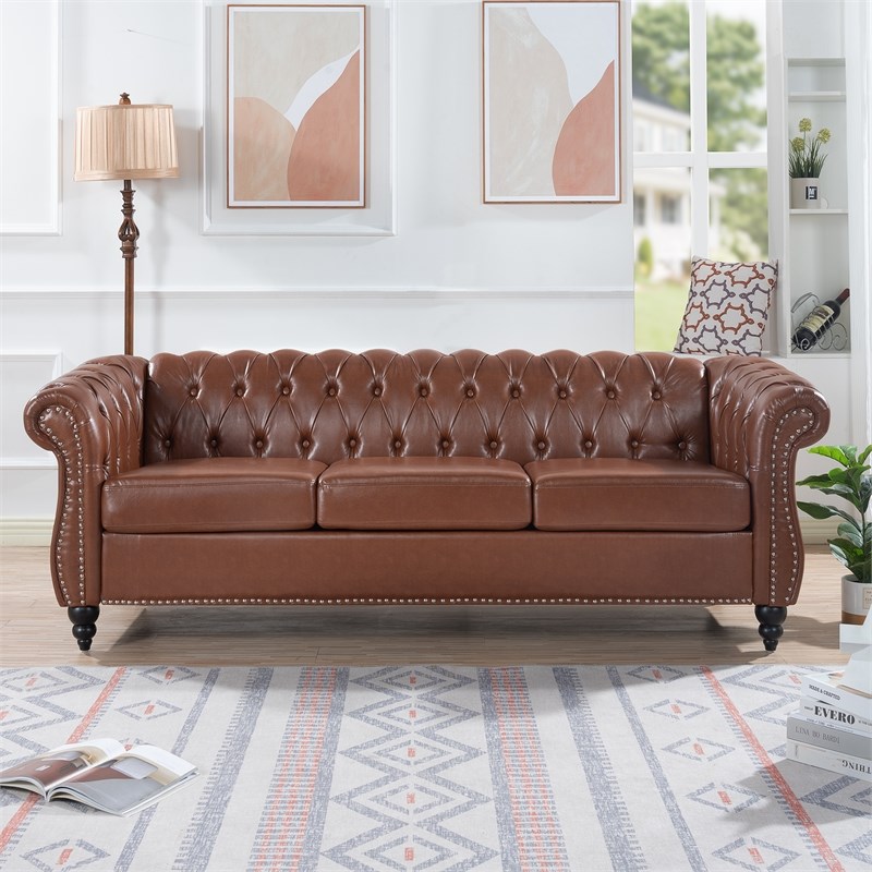 CRO Decor 84' BROWN PU Rolled Arm Chesterfield Three Seater Sofa-Brown