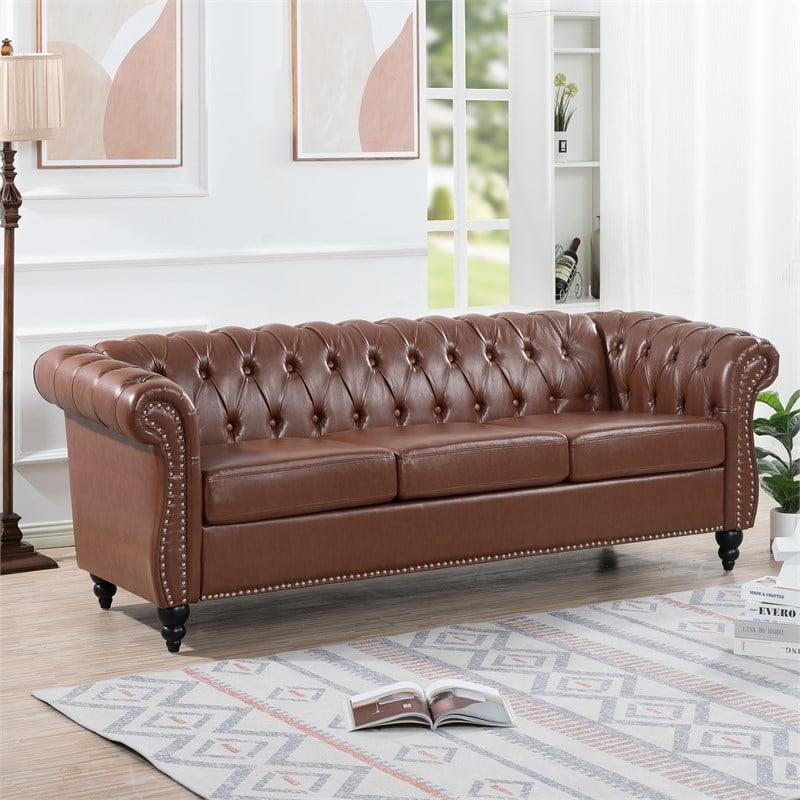 CRO Decor 84' BROWN PU Rolled Arm Chesterfield Three Seater Sofa-Brown