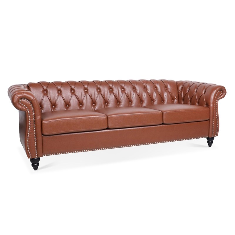 CRO Decor 84' BROWN PU Rolled Arm Chesterfield Three Seater Sofa-Brown