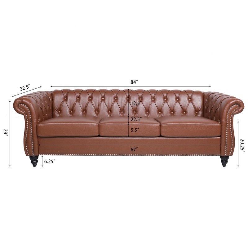 CRO Decor 84' BROWN PU Rolled Arm Chesterfield Three Seater Sofa-Brown