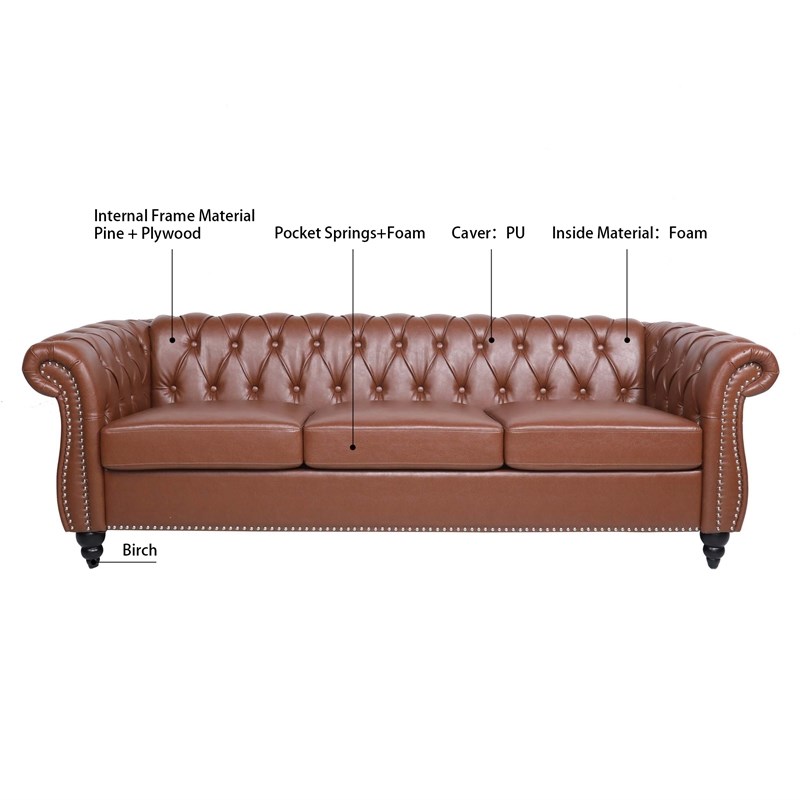 CRO Decor 84' BROWN PU Rolled Arm Chesterfield Three Seater Sofa-Brown