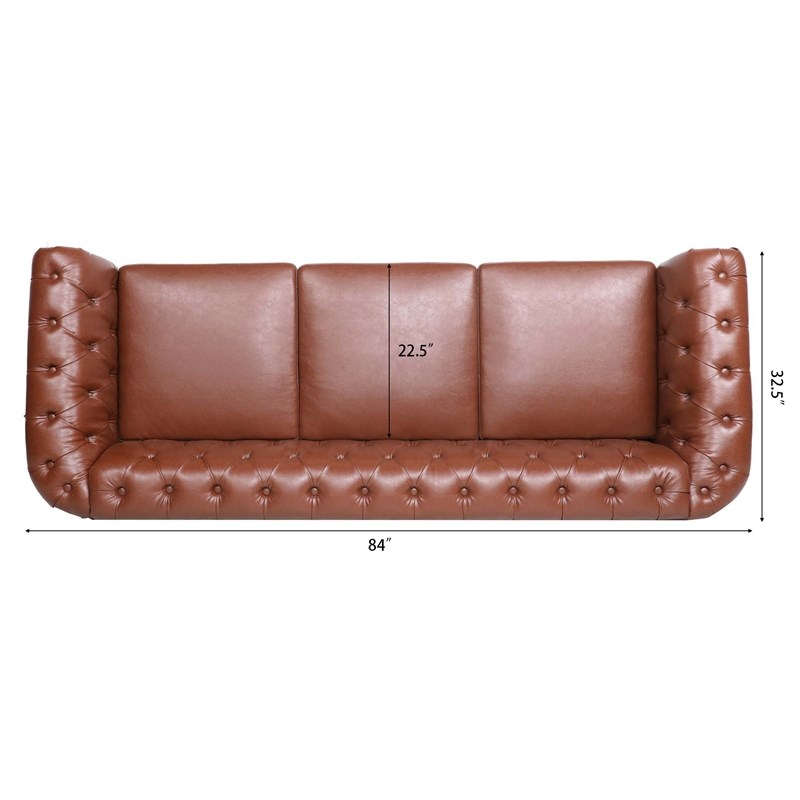 CRO Decor 84' BROWN PU Rolled Arm Chesterfield Three Seater Sofa-Brown