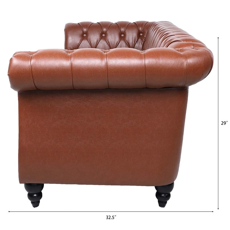 CRO Decor 84' BROWN PU Rolled Arm Chesterfield Three Seater Sofa-Brown