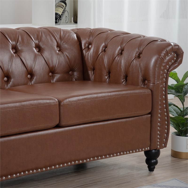 CRO Decor 84' BROWN PU Rolled Arm Chesterfield Three Seater Sofa-Brown