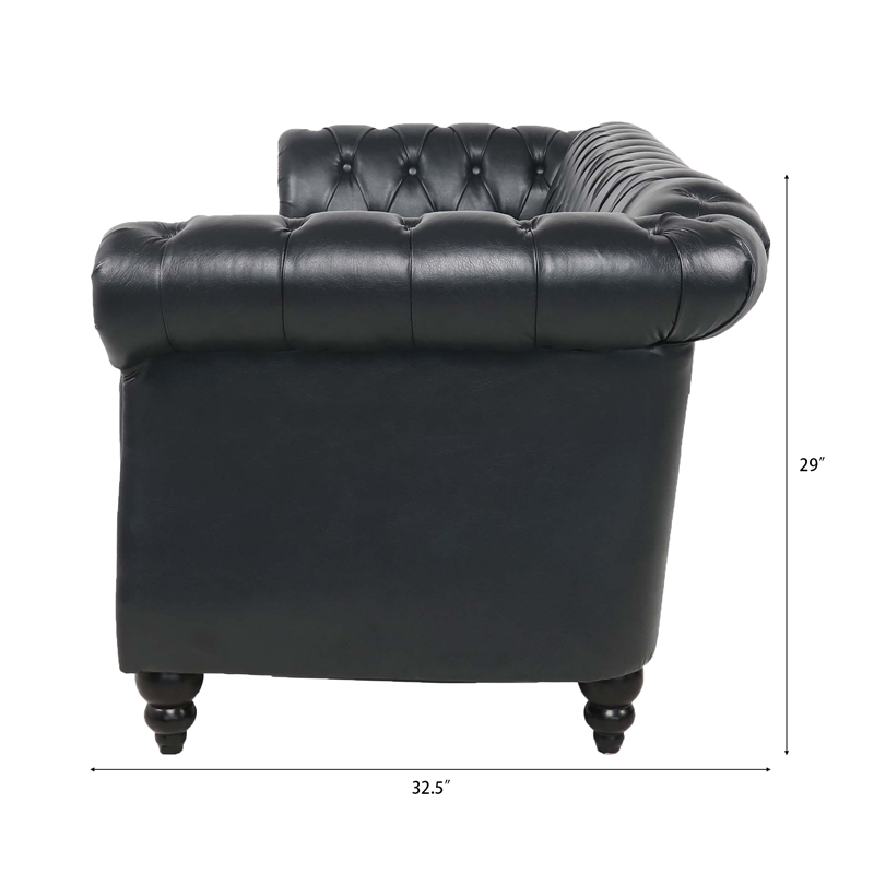 CRO Decor 84' BROWN PU Rolled Arm Chesterfield Three Seater Sofa-Black