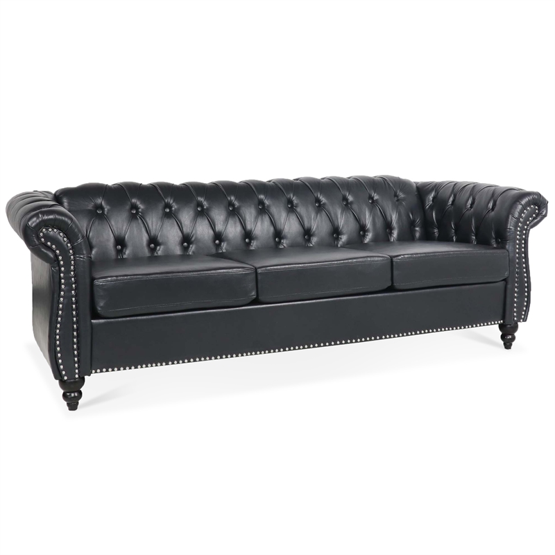 CRO Decor 84' BROWN PU Rolled Arm Chesterfield Three Seater Sofa-Black