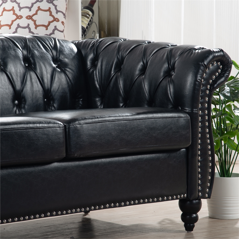 CRO Decor 84' BROWN PU Rolled Arm Chesterfield Three Seater Sofa-Black