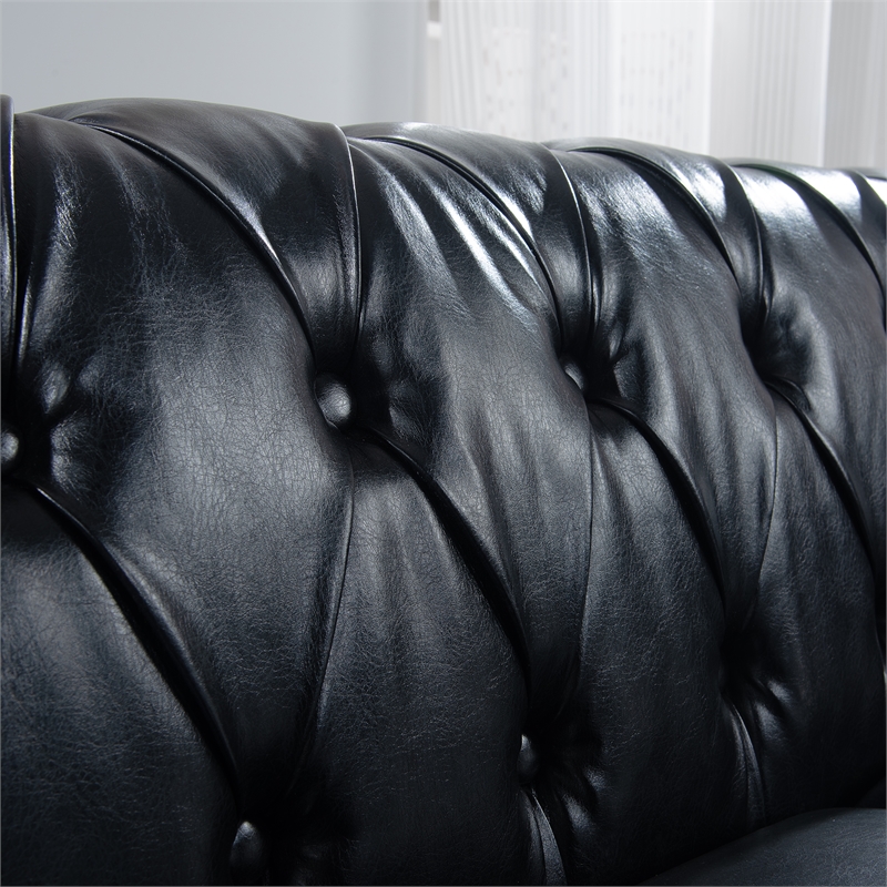 CRO Decor 84' BROWN PU Rolled Arm Chesterfield Three Seater Sofa-Black
