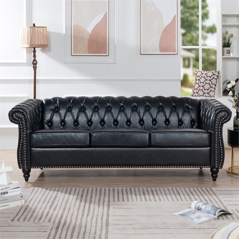 CRO Decor 84' BROWN PU Rolled Arm Chesterfield Three Seater Sofa-Black