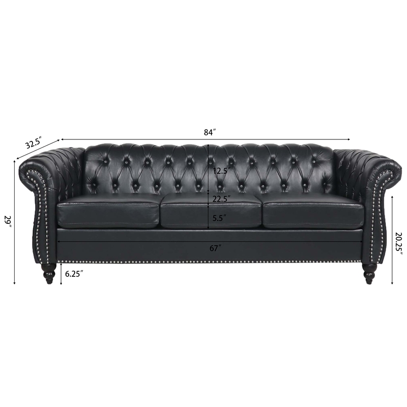 CRO Decor 84' BROWN PU Rolled Arm Chesterfield Three Seater Sofa-Black