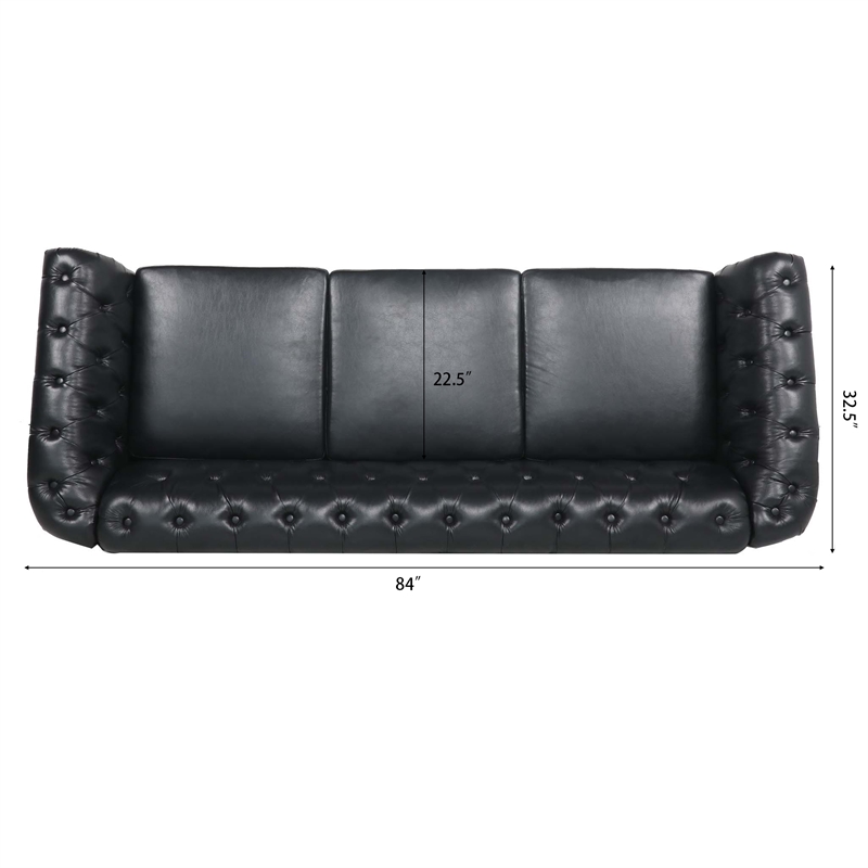 CRO Decor 84' BROWN PU Rolled Arm Chesterfield Three Seater Sofa-Black