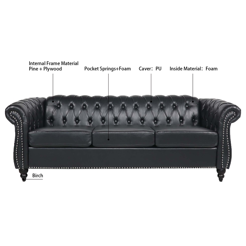 CRO Decor 84' BROWN PU Rolled Arm Chesterfield Three Seater Sofa-Black