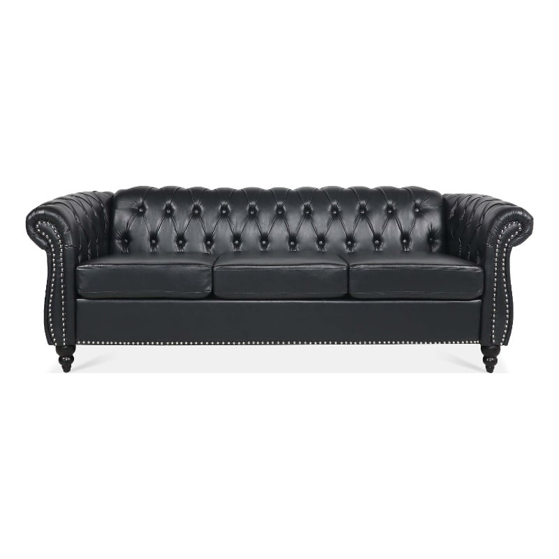 CRO Decor 84' BROWN PU Rolled Arm Chesterfield Three Seater Sofa-Black