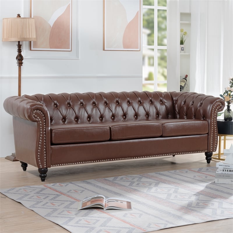 CRO Decor 84' BROWN PU Rolled Arm Chesterfield Three Seater Sofa (Dark Brown)