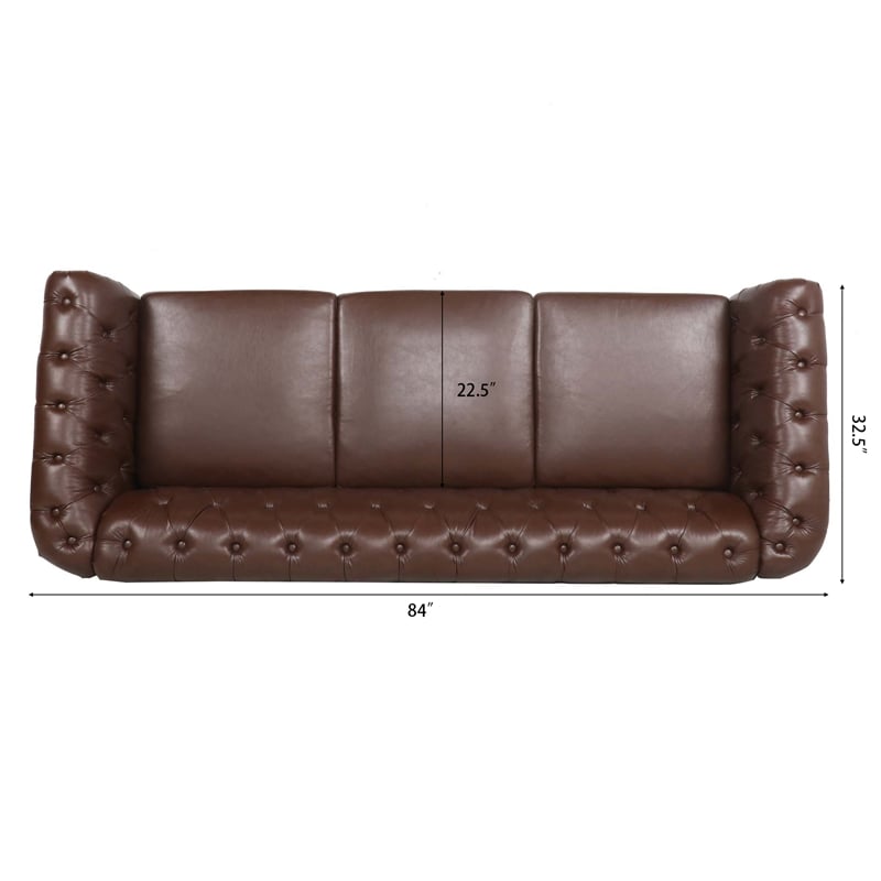 CRO Decor 84' BROWN PU Rolled Arm Chesterfield Three Seater Sofa (Dark Brown)