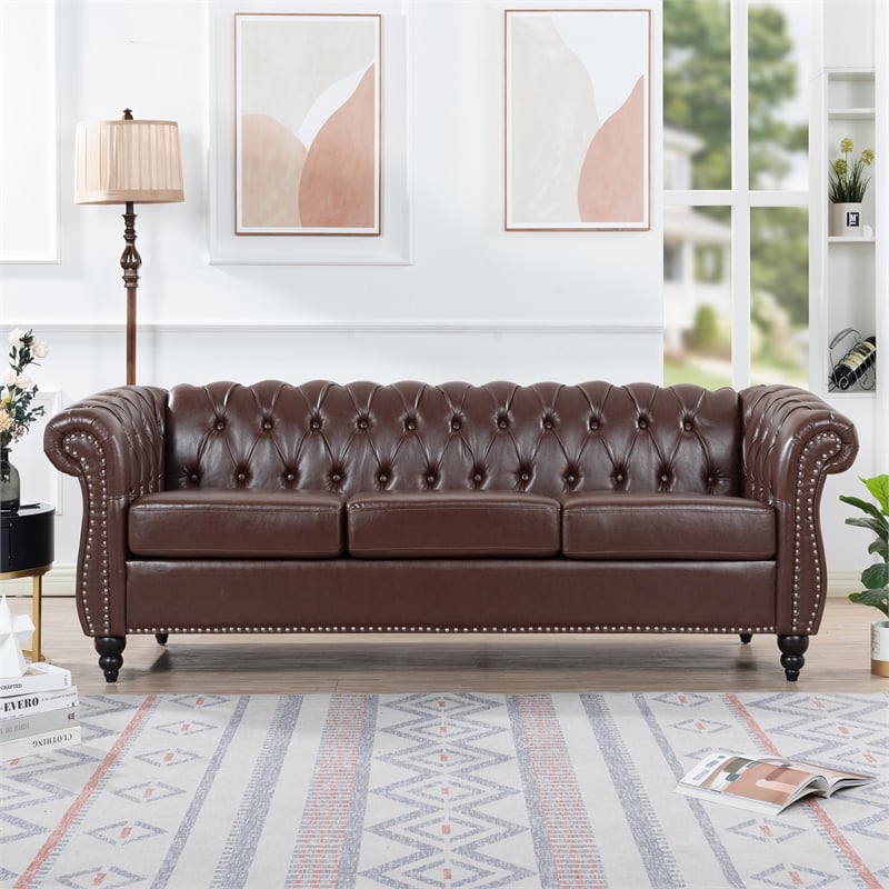 CRO Decor 84' BROWN PU Rolled Arm Chesterfield Three Seater Sofa (Dark Brown)