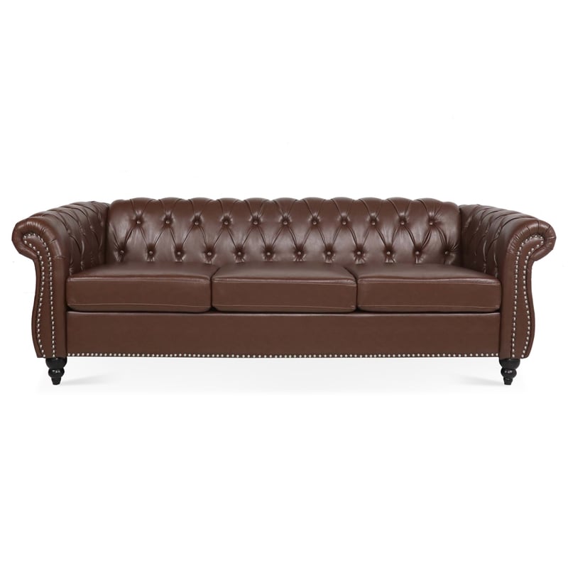 CRO Decor 84' BROWN PU Rolled Arm Chesterfield Three Seater Sofa (Dark Brown)