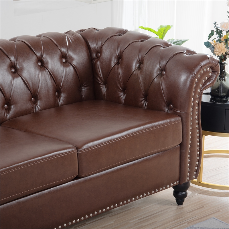 CRO Decor 84' BROWN PU Rolled Arm Chesterfield Three Seater Sofa (Dark Brown)