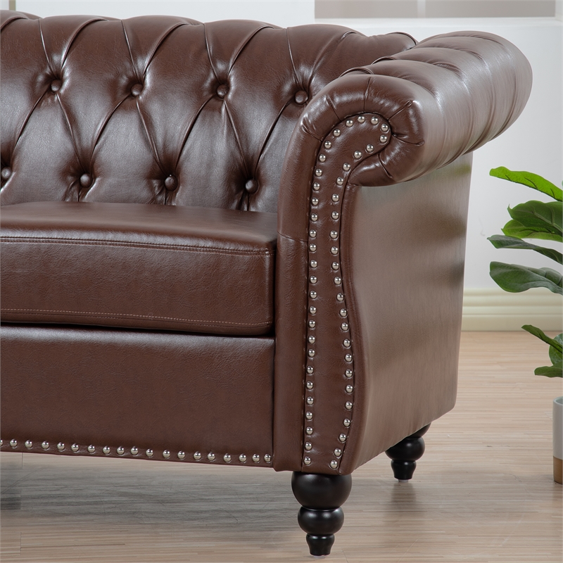 CRO Decor 84' BROWN PU Rolled Arm Chesterfield Three Seater Sofa (Dark Brown)