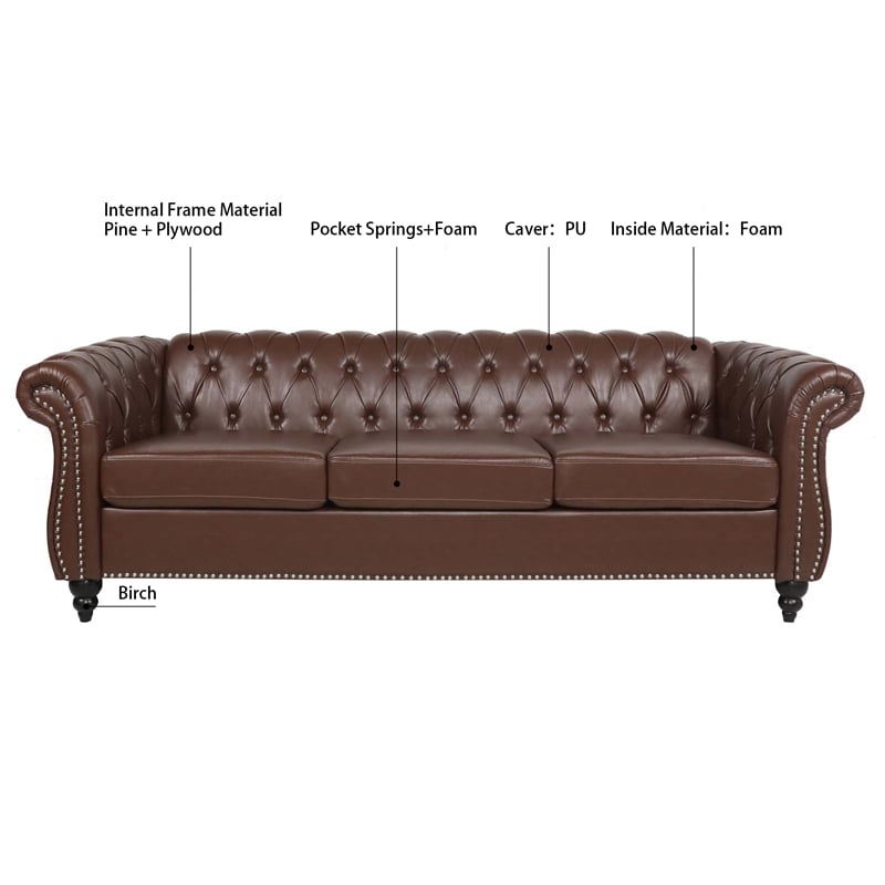 CRO Decor 84' BROWN PU Rolled Arm Chesterfield Three Seater Sofa (Dark Brown)