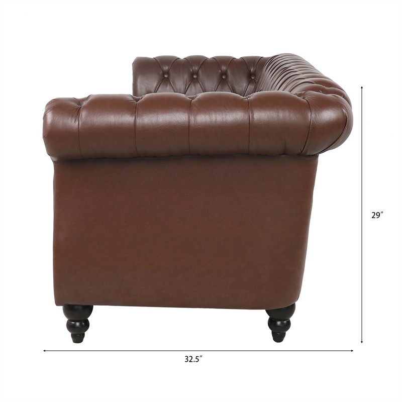 CRO Decor 84' BROWN PU Rolled Arm Chesterfield Three Seater Sofa (Dark Brown)