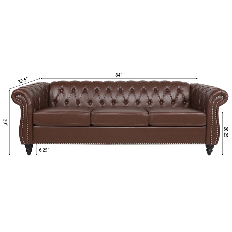 CRO Decor 84' BROWN PU Rolled Arm Chesterfield Three Seater Sofa (Dark Brown)