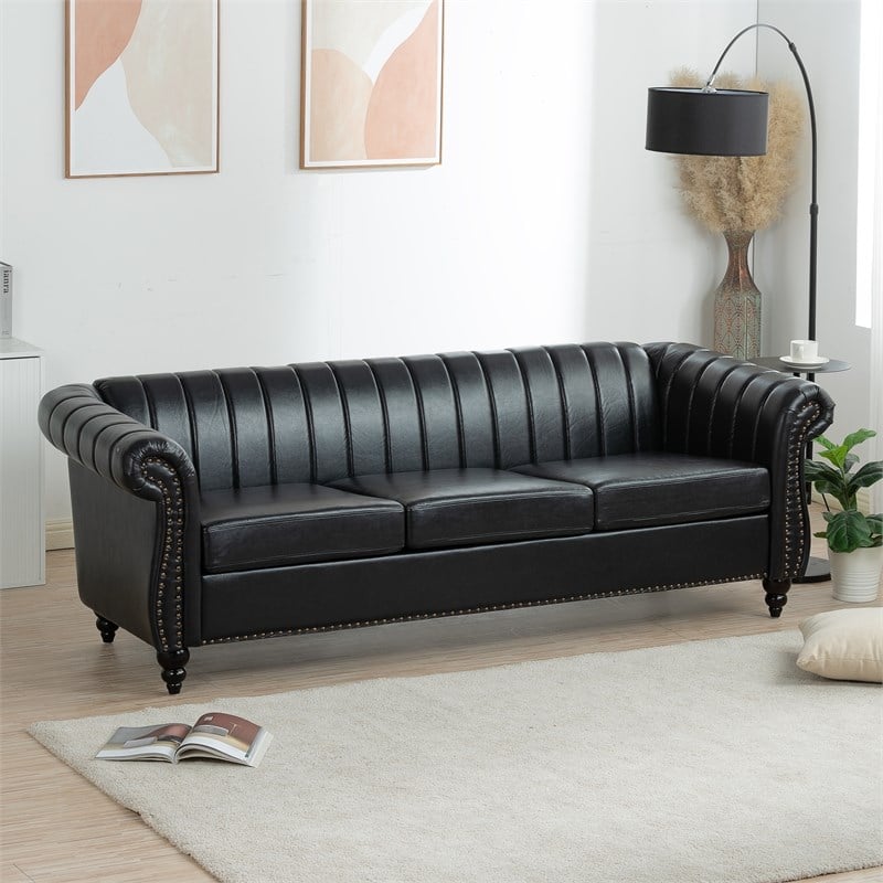 CRO Decor 84''W Rolled Arm Chesterfield Three Seater Leather Sofa in Black