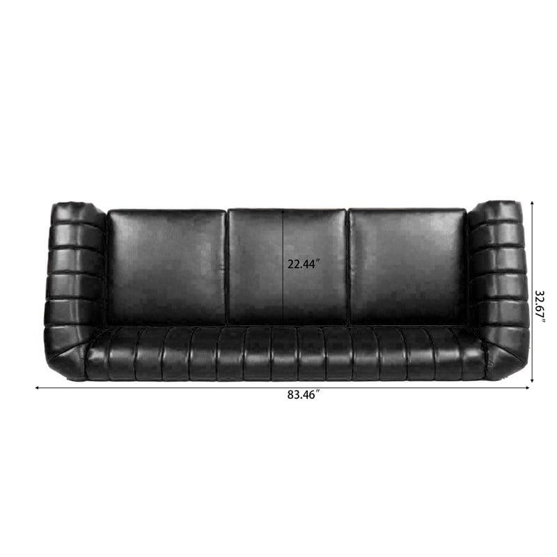 CRO Decor 84''W Rolled Arm Chesterfield Three Seater Leather Sofa in Black
