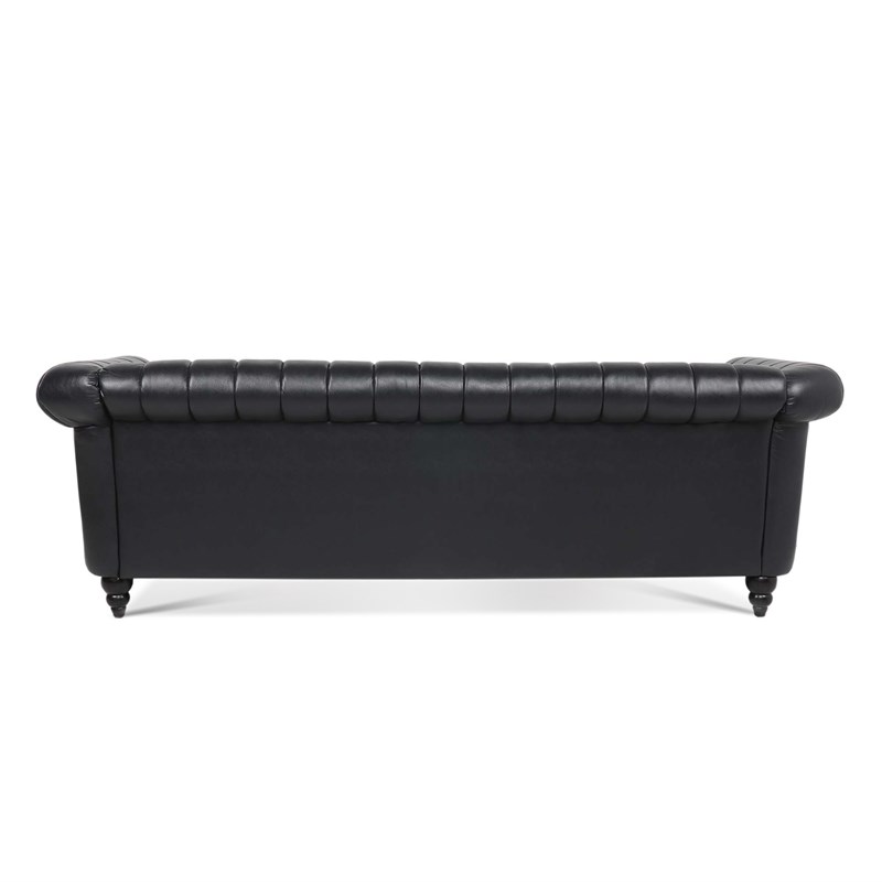 CRO Decor 84''W Rolled Arm Chesterfield Three Seater Leather Sofa in Black