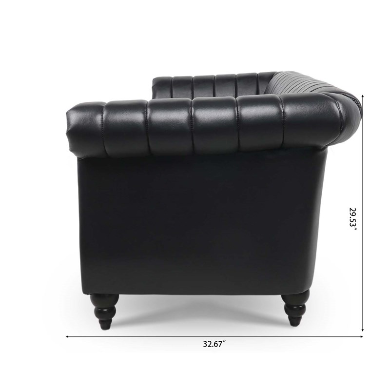 CRO Decor 84''W Rolled Arm Chesterfield Three Seater Leather Sofa in Black