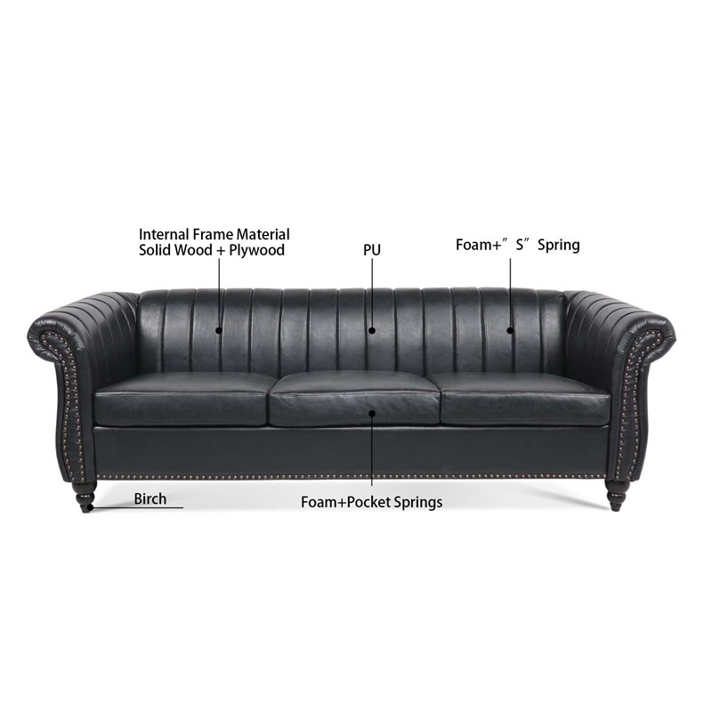 CRO Decor 84''W Rolled Arm Chesterfield Three Seater Leather Sofa in Black