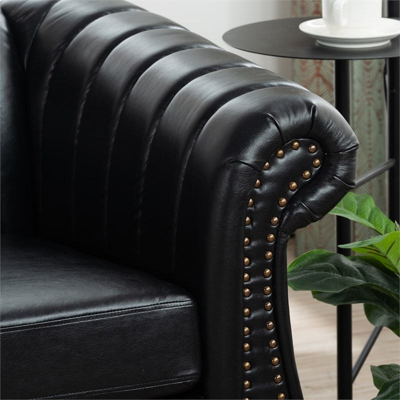 CRO Decor 84''W Rolled Arm Chesterfield Three Seater Leather Sofa in Black