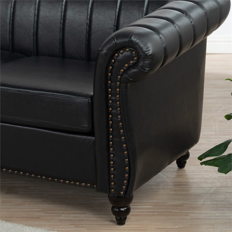CRO Decor 84''W Rolled Arm Chesterfield Three Seater Leather Sofa in Black