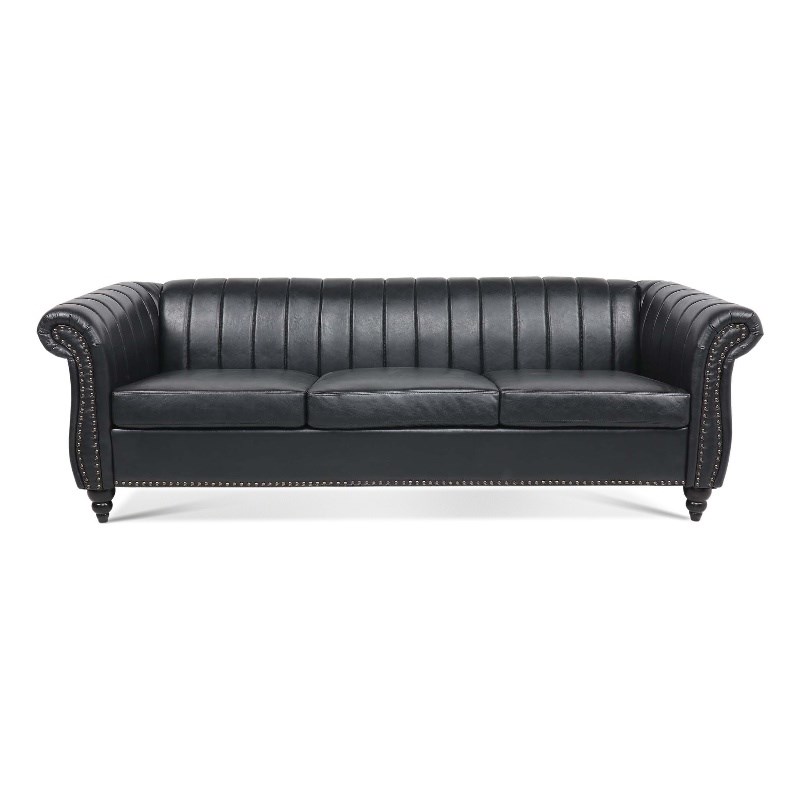 CRO Decor 84''W Rolled Arm Chesterfield Three Seater Leather Sofa in Black