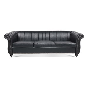 CRO Decor 84''W Rolled Arm Chesterfield Three Seater Leather Sofa in Black