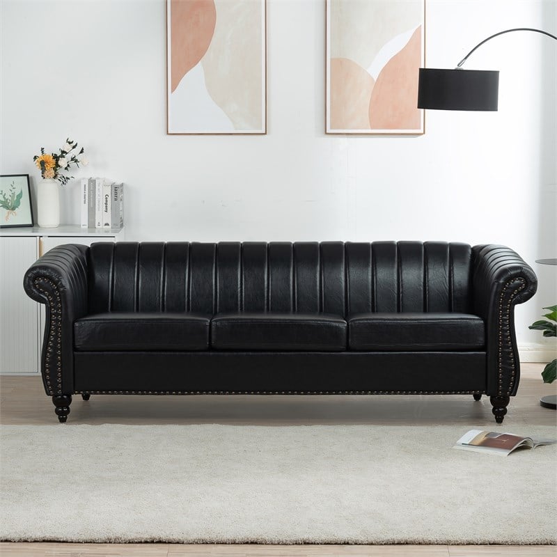 CRO Decor 84''W Rolled Arm Chesterfield Three Seater Leather Sofa in Black