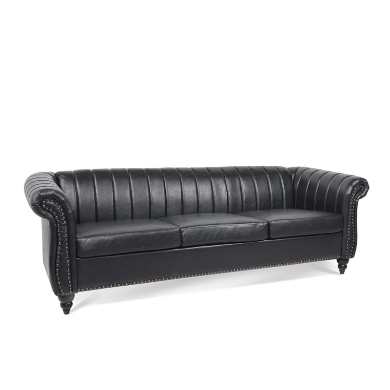 CRO Decor 84''W Rolled Arm Chesterfield Three Seater Leather Sofa in Black