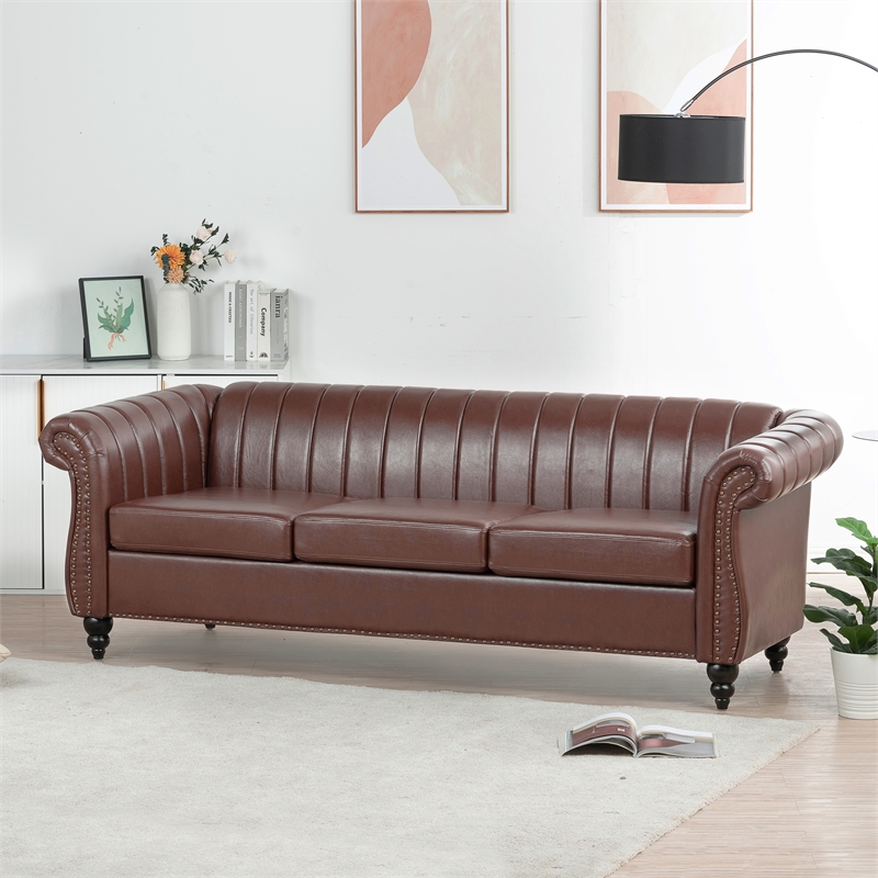 CRO Decor 84''W Rolled Arm Chesterfield Three Seater Leather Sofa in Dark Brown
